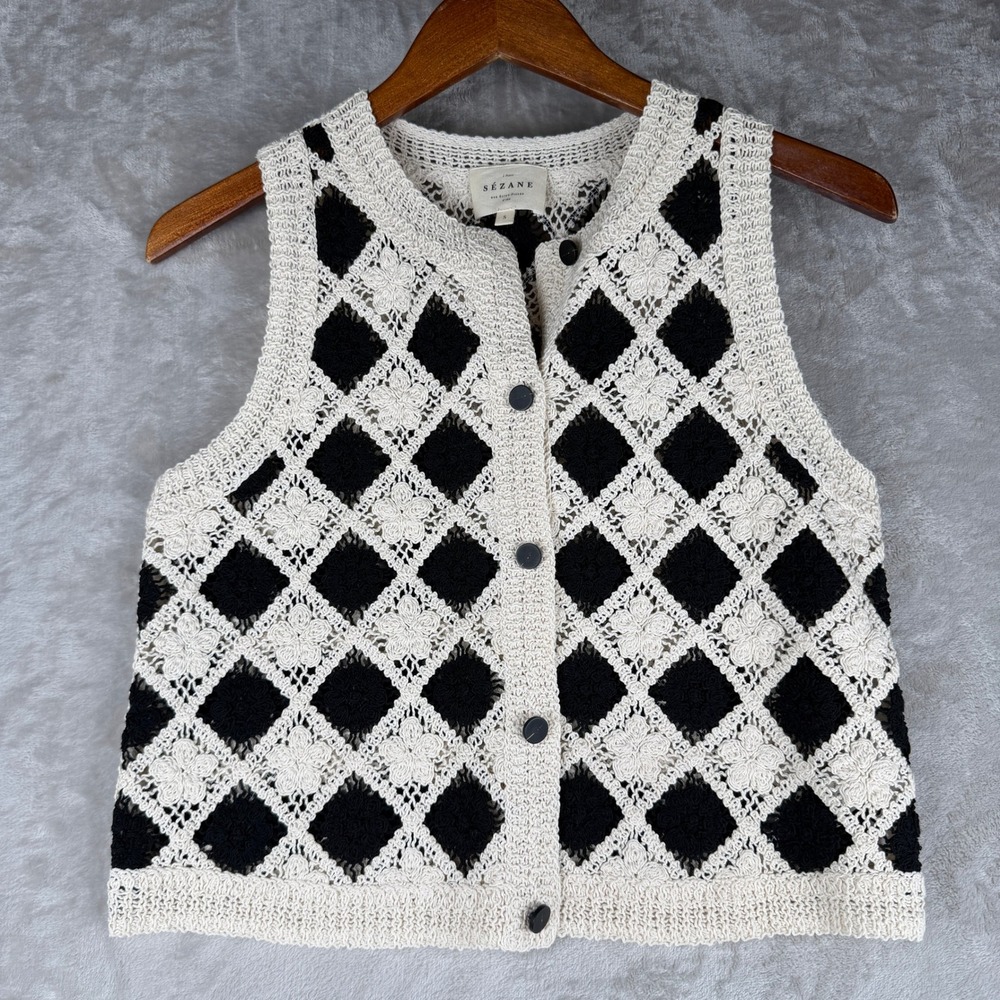 Sezane RON Black Cream Diamond Crochet Cotton Button Front Vest S S241TOP086M - Picture 2 of 7
